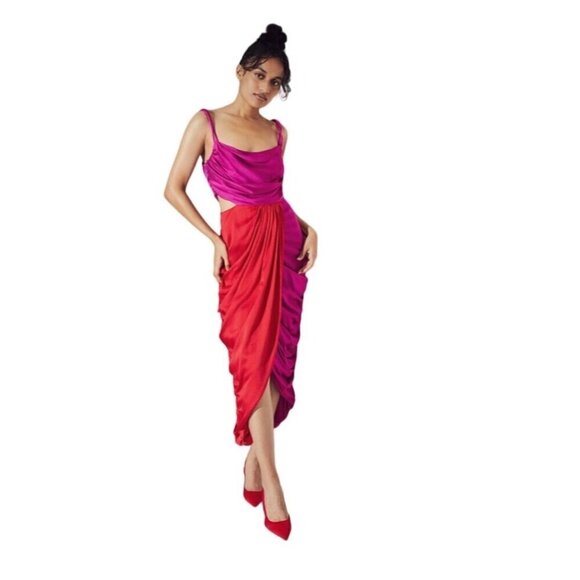AMUR Dresses & Skirts - AMUR Free People Dress Midi Persey Cut Out Size 2 Red Pink Twist Revolve Ruched